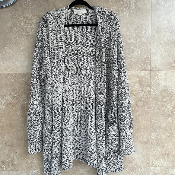 Saltwater Luxe Knit Hooded Sweater XL Cardigan Open Front Black Off White Marled - Picture 4 of 8